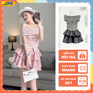 Set bộ váy trễ vai Kẻ Sọc đính cúc phối chân Váy xô xếp tầng Bốn màu C&H Clothing