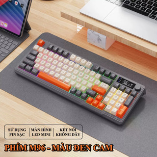 Bàn phím không dây FREEWOLF M96 kết nối bằng Bluetooth và 2.4G có đèn led 7 màu, nút văn âm lượng và màn hình led MINI