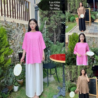 Set đồ lam đi chùa nữ áo GẤM đính ngọc cổ tròn tay lỡ, quần dài lụa LATIN size 1(50-70kg) 2(70-90kg) DL4