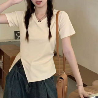 Áo thun nữ cổ v xẻ tà, áo ngắn tay nữ phong cách hàn quốc v12