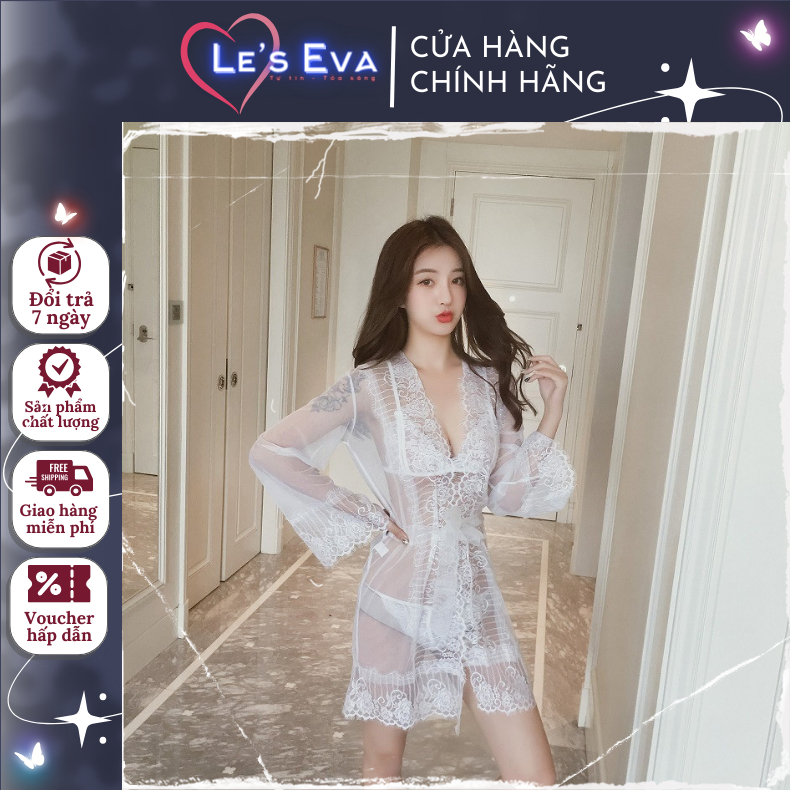 Bộ áo choàng ngủ nữ Le's Eva sexy phối ren xuyên thấu gợi cảm quyến rũ tôn ngực bộ đồ lót ren sexy 5