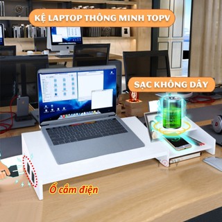 Kệ laptop thông minh TopV gỗ kèm đế tản nhiệt kệ laptop giá kê máy tính xách tay để bàn decor trắng đen nhôm
