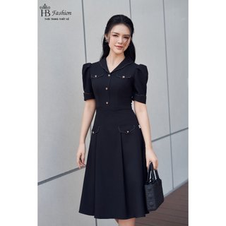 [váy thiết kế] Đầm xòe HB màu đen cổ chữ V tay bồng nhẹ điểm 4 nắp giả chất chéo nhật V33