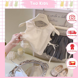 S42 - Set áo tăm thêu nơ viền ren + chân váy xếp ly xoè phối nơ