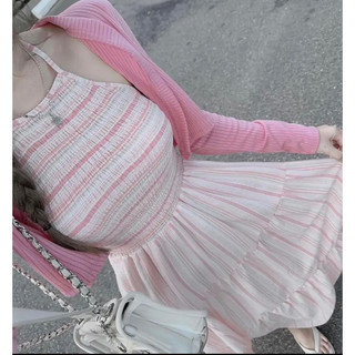 Đầm yếm maxi cổ yếm kẻ sọc phối tầng kèm khoác cardigan phối màu cực dễ thương YUNA68 D009