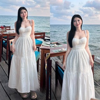 [106] Đầm váy maxi hai dây trắng thêu hoa nôi hàng QC cao cấp có mút ngực đi biển đi chơi du lịch loại 1 ảnh thật cận