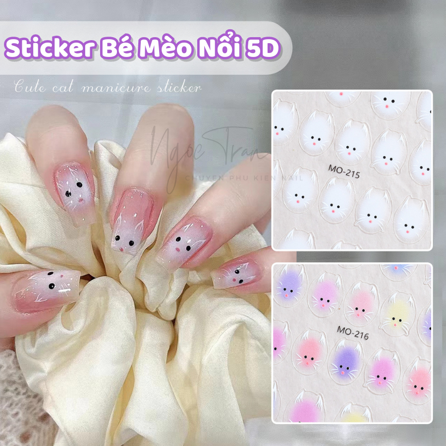 Sticker Lụa Nổi 5D | Bé Mèo Dẻo & Dai | Hình Dán Móng Tay MO-215 MO-216
