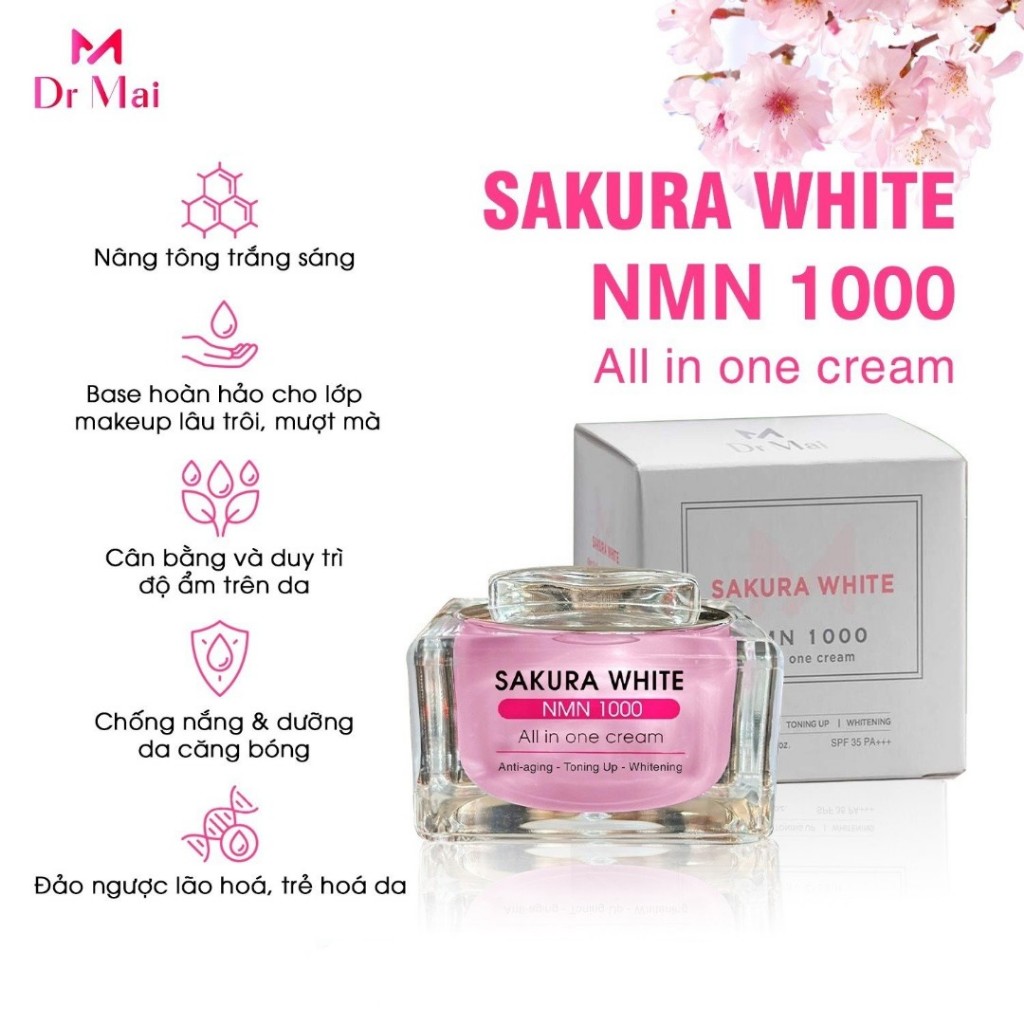 Kem dưỡng ngày Sakura White NMN 1000 All in one cream mỹ phẩm Dr Mai chính hãng 25g