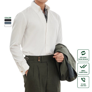 Áo Sơ Mi Nam Trắng Dài Tay Cao Cấp Harold Cổ Button Down + Cufflinks Đi Chơi Cotton, Chống Nhăn, Slimfit Tôn Dáng