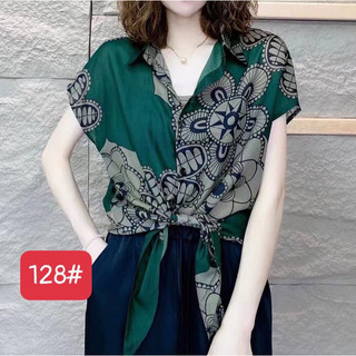 Áo sơ mi lụa buộc vạt hoạ tiết chất đẹp, mát _ Hàng đẹp loại 1