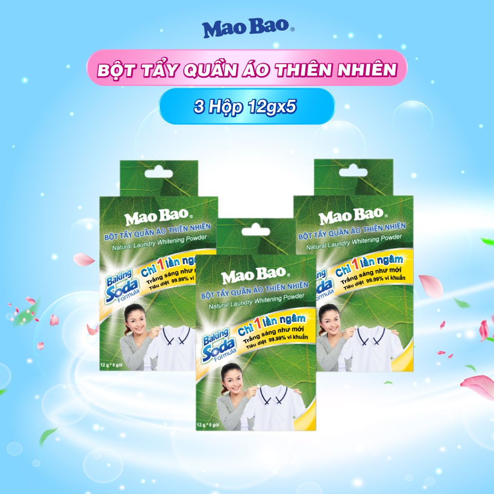 [15 gói] Combo 3 Hộp Bột Tẩy Quần Áo thiên nhiên Mao Bao (12g x 5 gói/hộp) tẩy quần áo trắng, không gây kích ứng