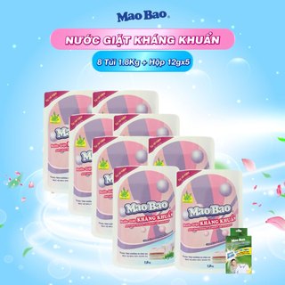 Combo 8 Túi Nước giặt Kháng Khuẩn Mao Bao 1800g + Tặng 1 hộp Bột Tẩy Quần Áo Thiên Nhiên Baking Soda 12g x 5 gói