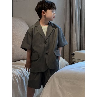  BABYBUYVIP-Bộ quần áo vest cộc tay quần ngố màu ghi cho bé trai phom to thụng . 