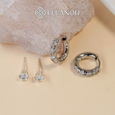 Set bông tai nữ chuôi bạc 925 Eleanor Accessories tròn đính đá phụ kiện trang sức khuyên tai 9212