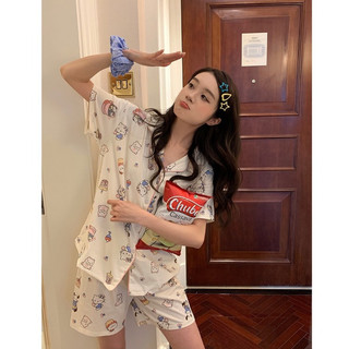 Bộ đồ ngủ Pijama cộc tay cotton họa tiết mèo hello Kitty màu trắng Homedress QC cao cấp