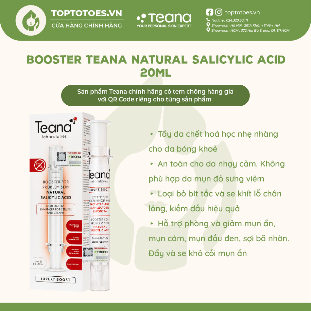 Booster Teana Natural Salicylic Acid 20ml làm sạch sâu lỗ chân lông, se cồi, ngừa và giảm mụn, cải thiện tone da