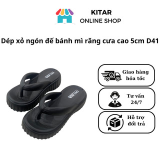 Dép kẹp đế bánh mì đế răng cưa cao 5cm, chống trơn, êm chân, màu đen D41A