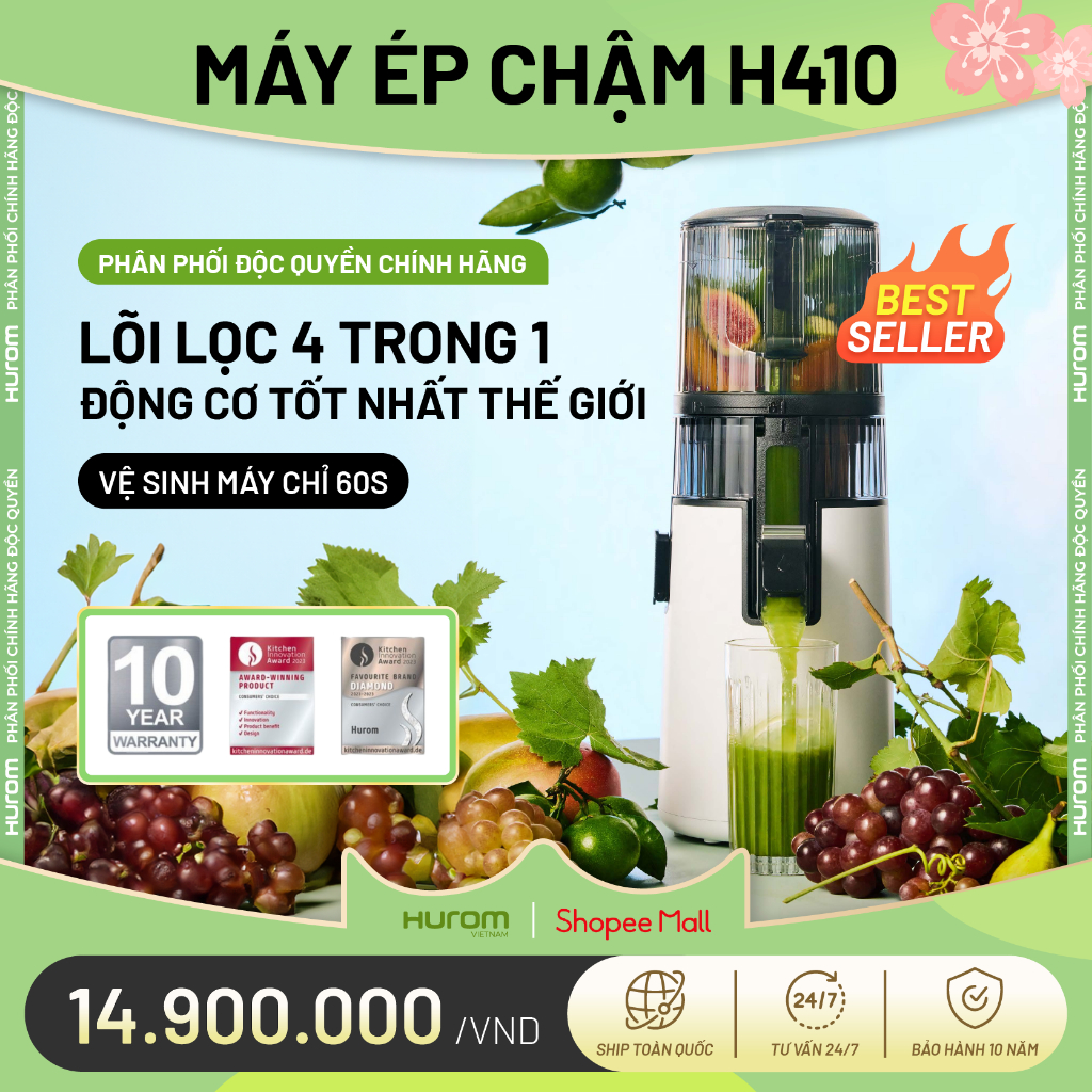 Máy ép chậm Hurom H410, Máy ép trái cây Hurom H410 - Bảo hành chính hãng 10 năm - Phân phối độc quyền tại Việt Nam