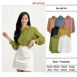 Áo sơ mi nữ VMSTYLE form rộng tay dài cổ bẻ bo tay chít vai thanh lịch thời trang công sở SMU00017