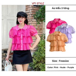 Áo kiểu nữ VMSTYLE form babydoll 3 tầng chất voan tay phồng nút ngọc basic thời trang ASU00026