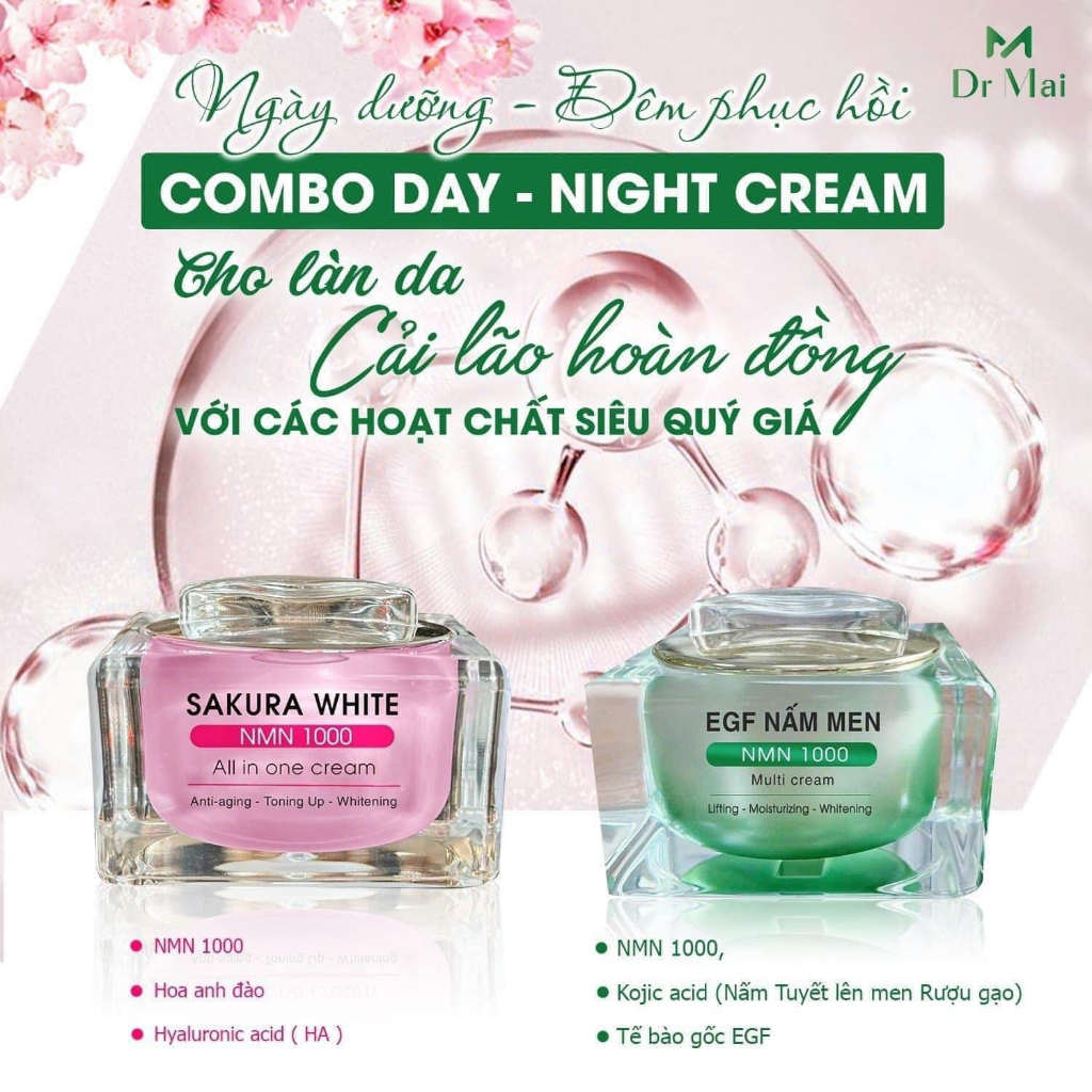 Combo dưỡng da ngày và đêm Sakura White + Nấm Men NMN 1000 mỹ phẩm Dr Mai chính hãng 25g