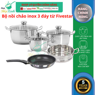 Bộ 5 nồi chảo inox 430 cao cấp Fivestar nắp kính size nồi 16cm , 20cm , 24cm , chảo chống dính 22cm và xửng hấp 24cm