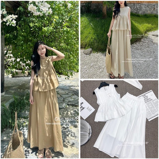 Sét áo ba lỗ dập li dáng babydoll + chân váy dài