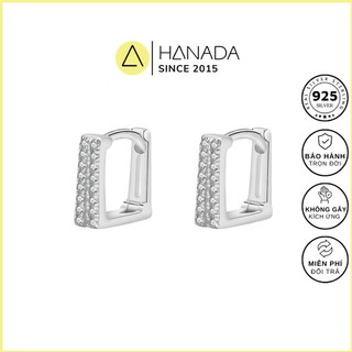 Khuyên Tròn Bạc 925 Hanada Bảng Vuông 2 Hàng Đá Nam Nữ Đơn Giản 0321 E3