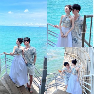 Set Đồ Đôi Đi Biển Họa Tiết Hoa Chất Lụa Hàn, Áo Yếm Có Đệm Ngực (Đọc Mô Tả)