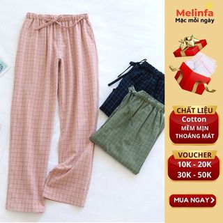 Quần kẻ suông dài vải Cotton thoáng mát mềm mại mặc nhà mùa hè mã VAQ0378