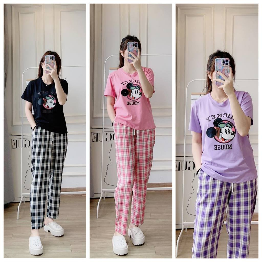 Đồ bộ nữ mặc nhà Micky HABU chất cotton mềm mát tay ngắn, quần dài kẻ caro
