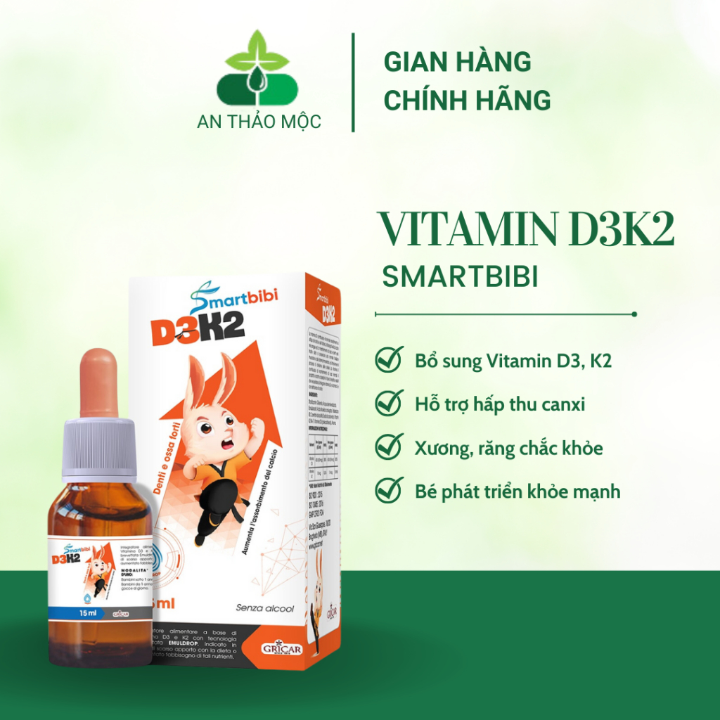 Siro Smartbibi D3K2 bổ sung vitamin tăng khả năng hấp thu canxi xương răng chắc khỏe phát triển chiều cao 15ml