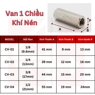 Van 1 Chiều Khí Nén CV ren 9.6mm, 13mm, 17mm, 21mm