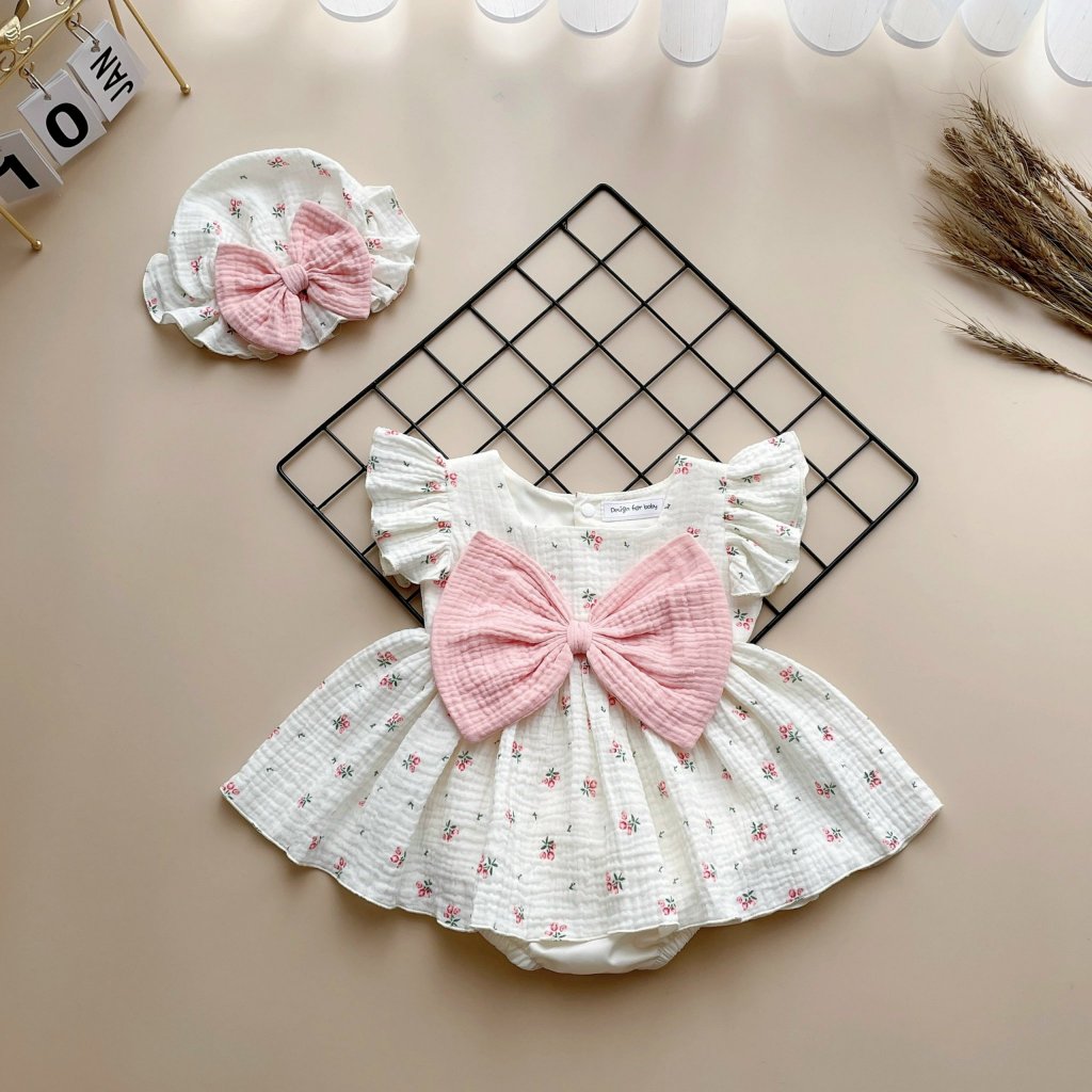 Váy Body Hoa Hồng Phối Nơ Cánh Tiên Chất Xô Muslin Mát Mẻ Thấm Hút Mồ Hôi, Bodysuit, Đồ Liền Thân, Váy Công Chúa