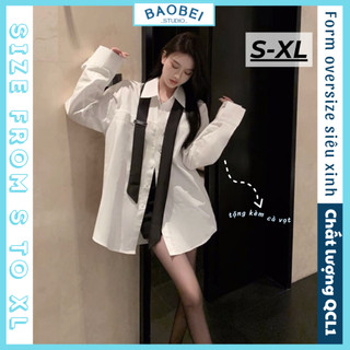 Áo sơ mi trắng dáng dài rộng kèm cà vạt Ulzzang tiểu thư siêu xinh ❤️ 𝘽𝙖𝙤𝙗𝙚𝙞 𝙎𝙩𝙪𝙙𝙞𝙤