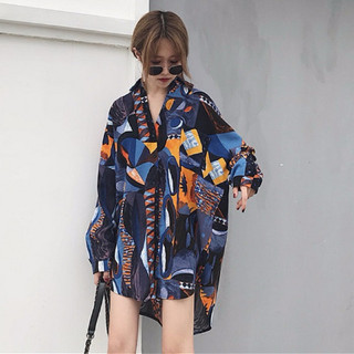Áo Sơ Mi Nữ Tay Dài Form Rộng Unisex In Họa Tiết Màu