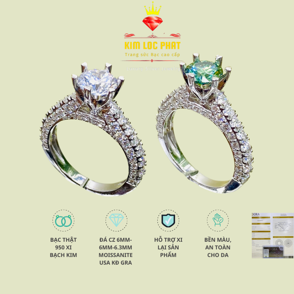 Nhẫn full Moissanite kiểu màu trắng, Nhẫn bạc nữ xi bạch kim, Nhẫn kim cương moissanite, Nhẫn moissa