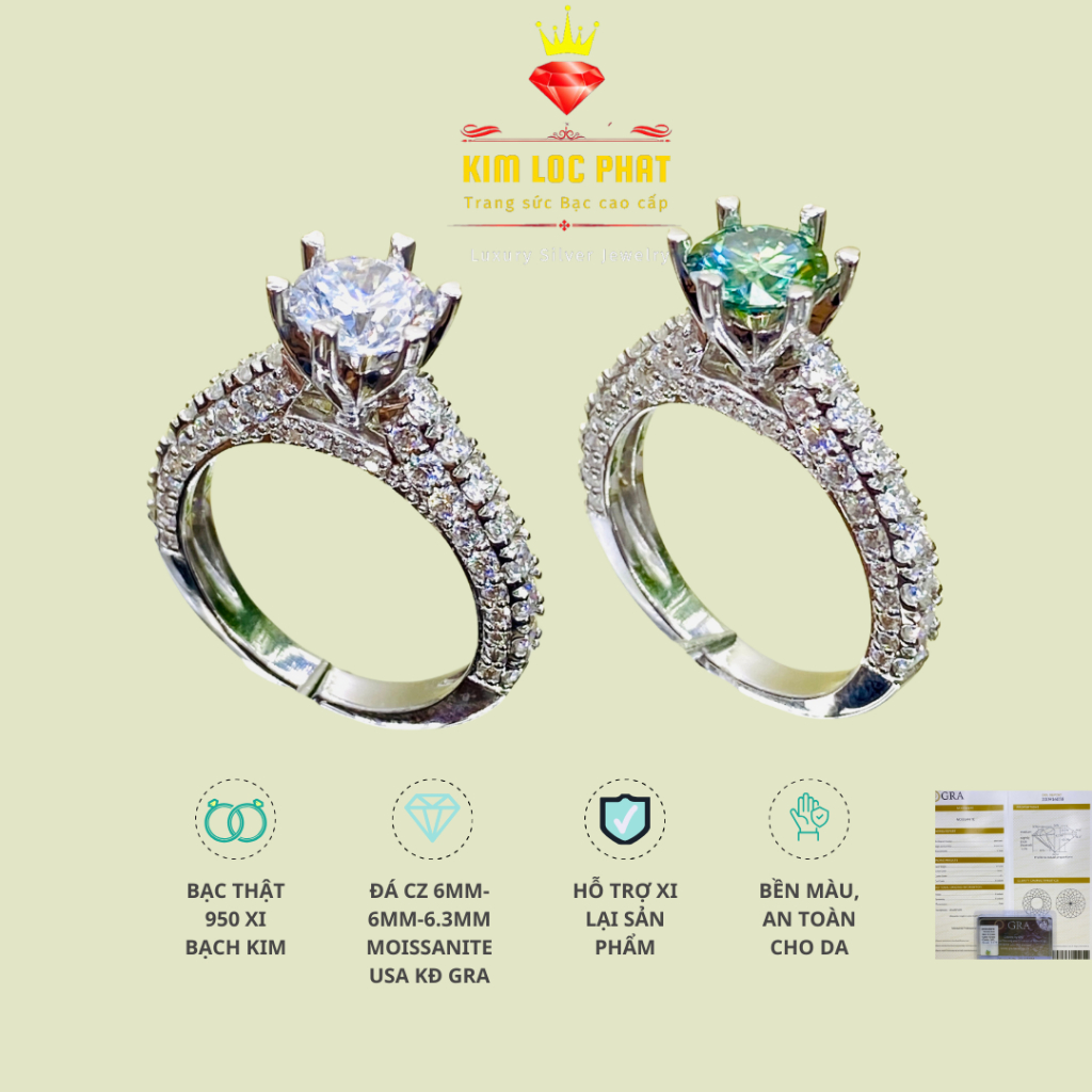 Nhẫn full Moissanite kiểu màu trắng, Nhẫn bạc nữ xi bạch kim, Nhẫn kim cương moissanite, Nhẫn moissanite màu xanh kiểm