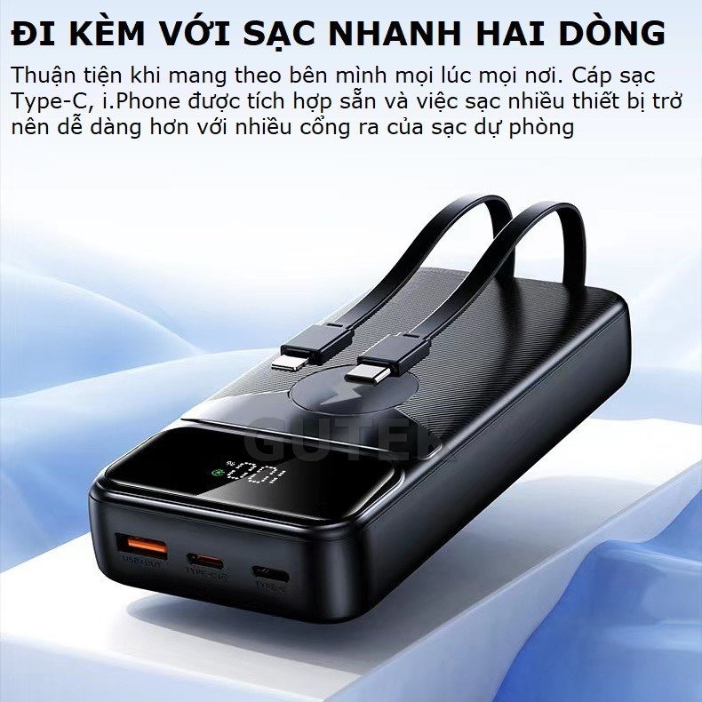 Sạc dự phòng 30000mah Gutek DX66 sạc nhanh 100w pin dung lượng lớn có sẵn dây cho nhiều điện thoại
