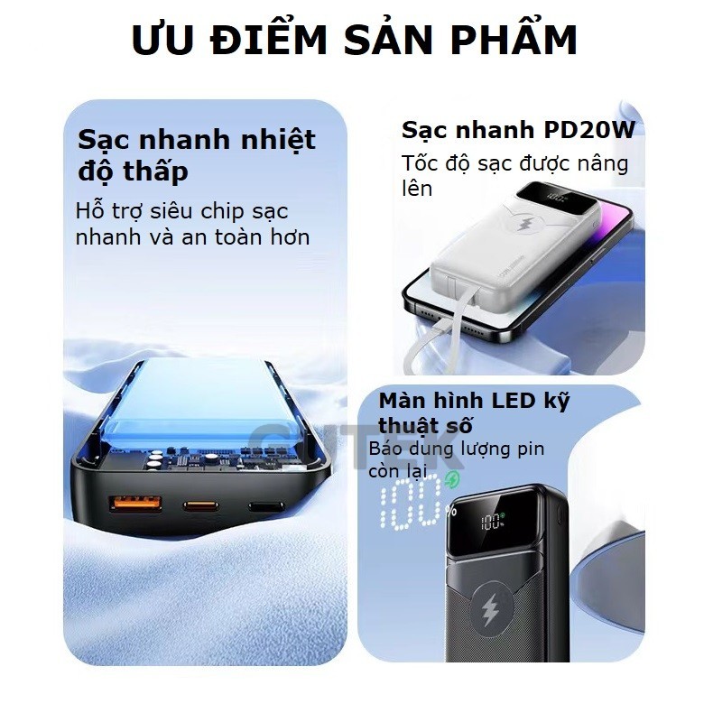 Sạc dự phòng 30000mah Gutek DX66 sạc nhanh 100w pin dung lượng lớn có sẵn dây cho nhiều điện thoại