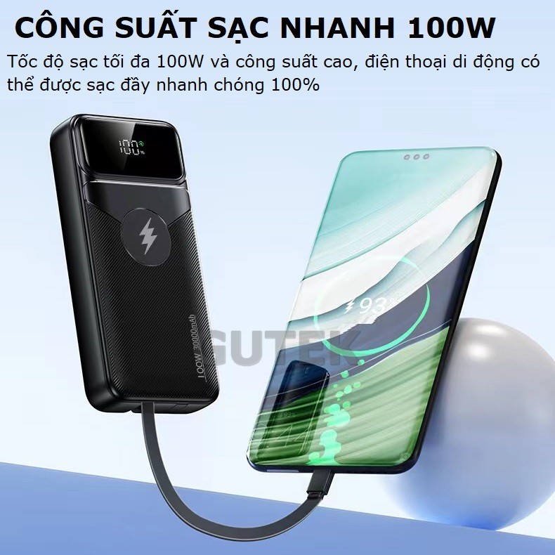 Sạc dự phòng 30000mah Gutek DX66 sạc nhanh 100w pin dung lượng lớn có sẵn dây cho nhiều điện thoại