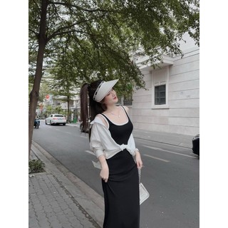 Set Đầm Màu Đen Phối Viền Ôm Dáng Midi Dáng Dài Phối Áo Khoác Tơ g Form Rộng YUNA68 SET017