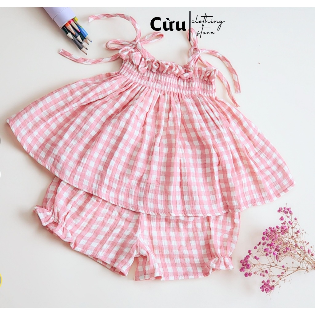 Bộ 2 dây bé gái Cừu Con, set đồ bộ buộc dây quần rời chất liệu xô muslin, đồ bộ babydoll cho bé gái 