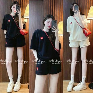 Bigsize 60-90kg Set bộ ngắn cottong khô thêu tim Nhi Bigsize Set áo thun cổ tròn thêu tim phối quần đùi lưng thun cho nữ