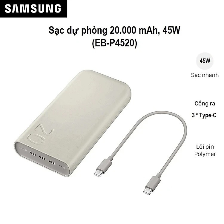 Pin sạc dự phòng Samsung EB-P4520X dung lượng 20000 mAh max 45W sạc siêu nhanh