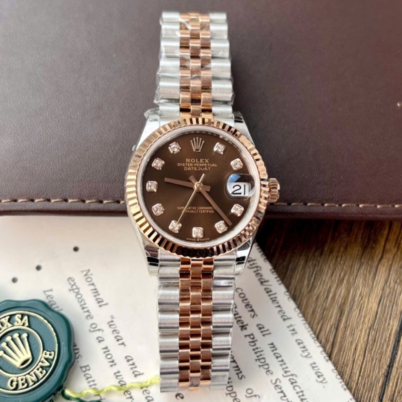 Đồng Hồ Nữ Rolexx Máy Cơ (Automatic) Mặt Nâu Viền Khía Dây Thép Không Gỉ ,Kính Sapphiare Siz 31mm