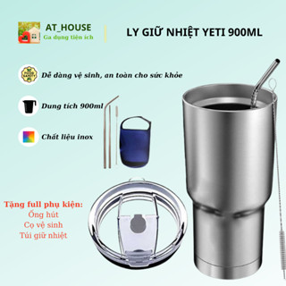 Ly giữ nhiệt Yeti Thái Lan cao cấp kèm túi và bộ ống hút 900ml - Cốc giữ nhiệt màu bạc kèm phụ kiện