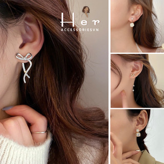 Bông tai nữ dài đính đá khuyên tai nơ hình bướm ngọc trai sang chảnh tua rua Her Accessories
