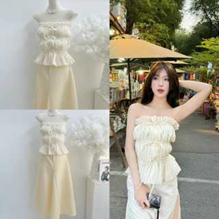 Set Áo Ống Bo Chun Cột Dây Nơ Mix Chân Váy Midi Maxi Dài Màu Trắng Kem Đi Biển Dễ Thương
