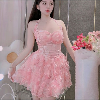 Đầm voan hoa nhí cổ yếm đi tiệc, đi biển